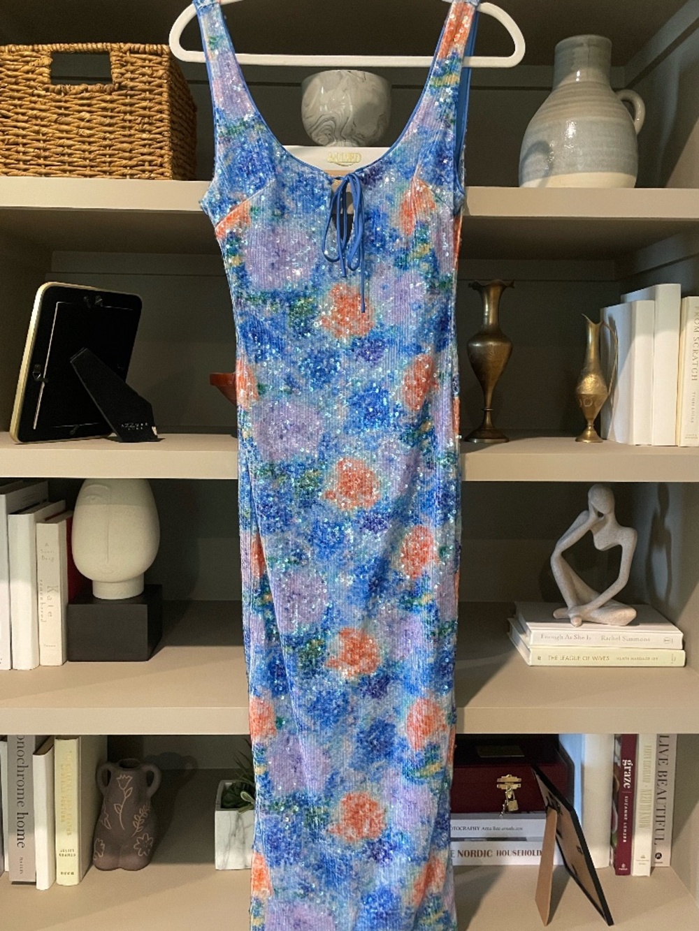Sambra Blue Floral Sequin Tie-Front Midi Dress